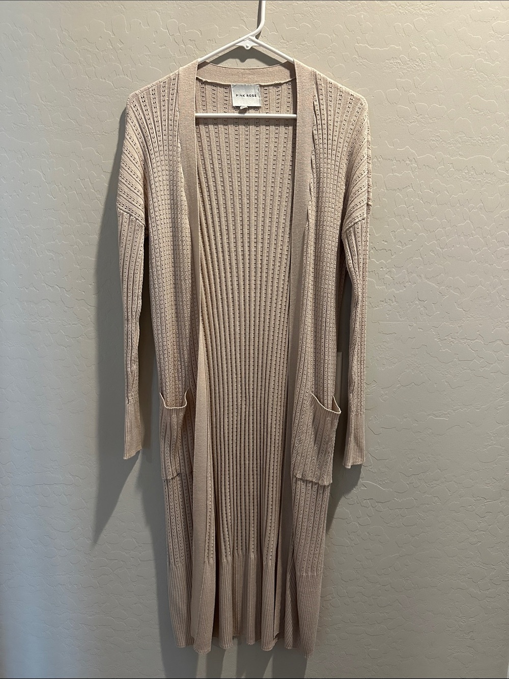 Pink Rose Long Open-Front Ribbed Cardigan in Light Beige size S